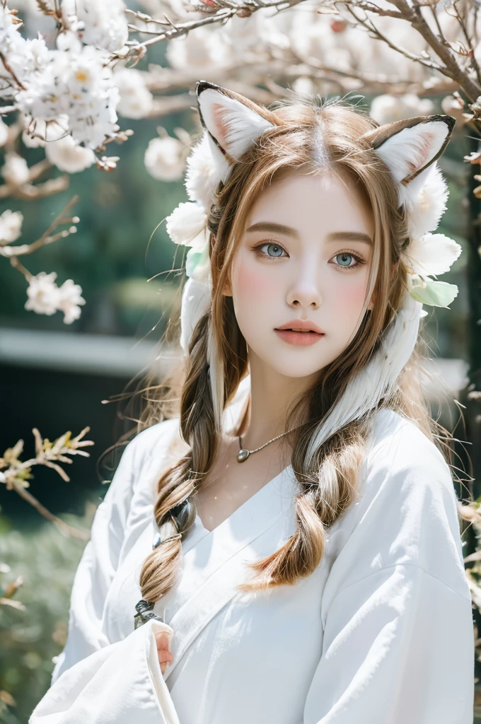 ( masterpiece, top quality, best quality,8k,17 years old girl,ultra detailed,raw photo:1.5),(photorealistic:1.4),(cinematic lighting), PerfectNwsjMajic, , Surrealism, UHD, ccurate, Super detail, textured skin, High detail, Best quality, dynamic angle, (high nose,White skin),[Beautiful blue eyes],[flat chest:large breasts:0.5],(1girl),(good anatomy:0.5)), Nine snow-white fox tails (1.0), Milky white fox tail (1.0), Close-up of nine-tailed fox, Nine tails, Nine tails，There are flowers on the hair, Very beautiful fox girl, Beautiful anime fox girl, Beautiful fantasy, guweiz, girl with fox ears, Very beautiful and cute fox girl, flower rain, The background  blurred, Artistic interpretation,a whimsical illustration, Subtle colors and tones, mystical aura