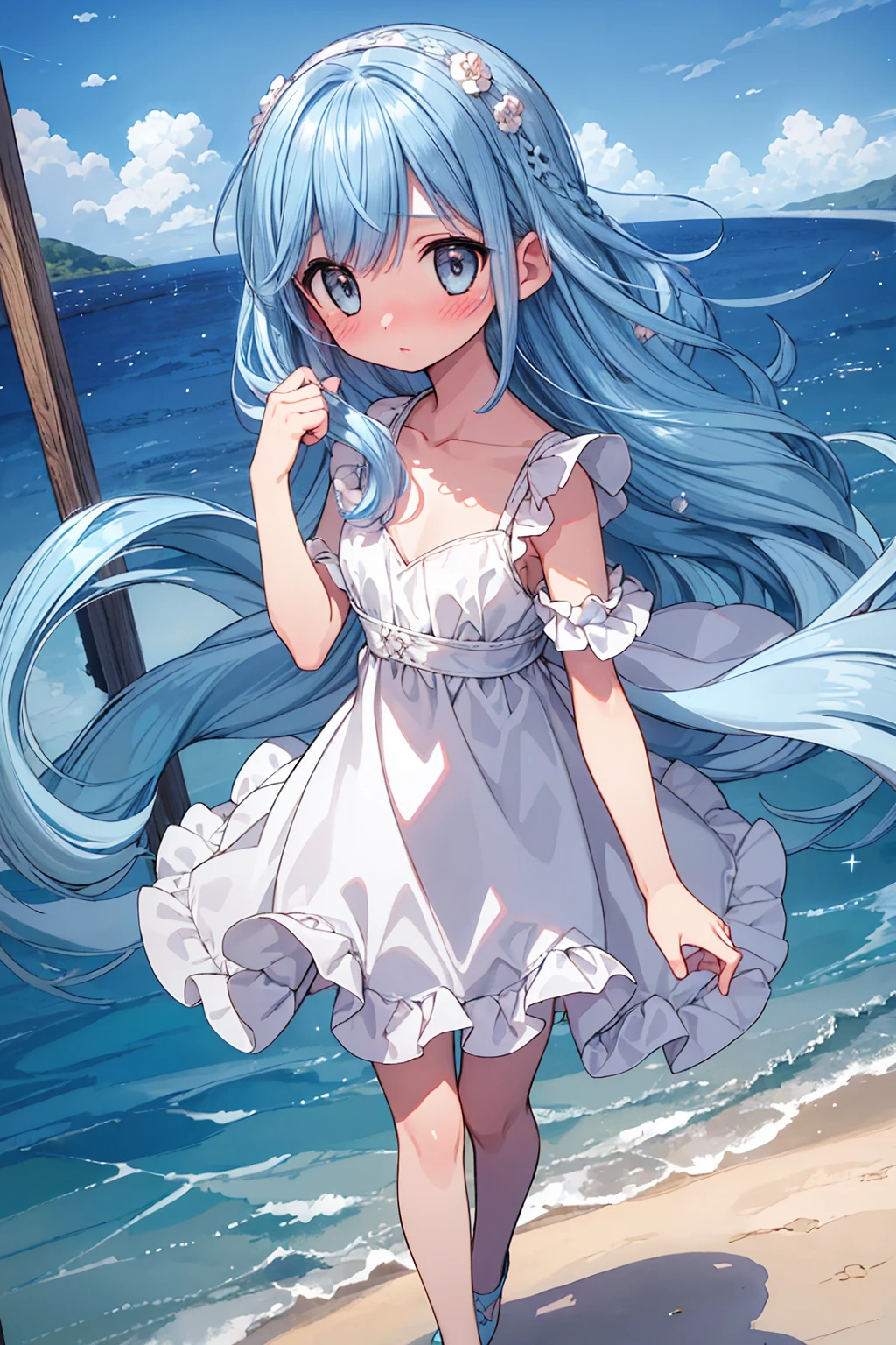 (ultra-intricate pupil in eyes, shiny eyes), long eyelashes, double eyelids, parted lips, kawaii, cute, ( flat chest), slender, (ultra delicate and beautiful skin), insanely detailed clothes, perfect anatomy, dynamic angle, BREAK (masterpiece, best quality), (ultra-detailed 8K), (perfect design), absurdres, highres, ((blush)), (super fine illustration),light blue color (((((((light blue hair))))))), , long hair ((blush)), masterpiece, best quality, (amazing, beautiful detailed eyes, blunt bangs), high resolution, cute face, masterpiece, best quality, extremely detailed, anime, beautiful girl, wind, solo, depth of field, masterpiece, best quality, extremely detailed, (PHOTO BACKGROUND: 1.3), (loli, small :1.4),translucent white dress with frills, soles,BREAK,(pastel color, watercolor, gradation, harmonious and calm atmosphere, mystic atmosphere, light particles, soft focus:1.2),,Beautiful sunset sea, calm waves, shining waves, ((big rainbow)), colorful, a girl standing on the beach, beautiful features, shining eyes, swaying in the wind, dancing like dancing, ((masterpiece)), ((highest quality 16k)), ((detailed and delicate)), ((photorealistic)), ((fantastic background)),
,light