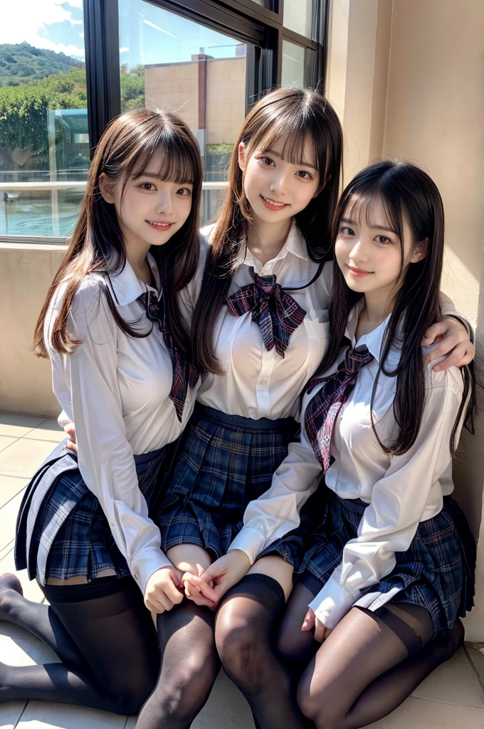 (Highschool girls inside suite room:1.4, 17 years old, cute faces:1.5, triangular face, sitting on gorgeous bed), looking at viewer, ((embarrassed:1.3, smile:1.1)), shy smile, open mouth, silky skins, natural makeup, glossy lips, group shot, (sexual suggestive:0.7), (identical school uniform:1.5, white shirt open chest, see through , both hand on breast:1.24), (naked :0.2), (3 girls:1, perfect style, full body), ((slender body)), (pleated plaid skirt, show panties), (raw photo:1.4),(( legs wide open, ribbons, pantyhose:1.2)), (gentle light, 16k wallpaper, raw photo, idol), BIBE, (wide window with ocean scenery, expensive furniture:1.3, sheets on floor:1.4, flowers in planter), (very huge round breasts)