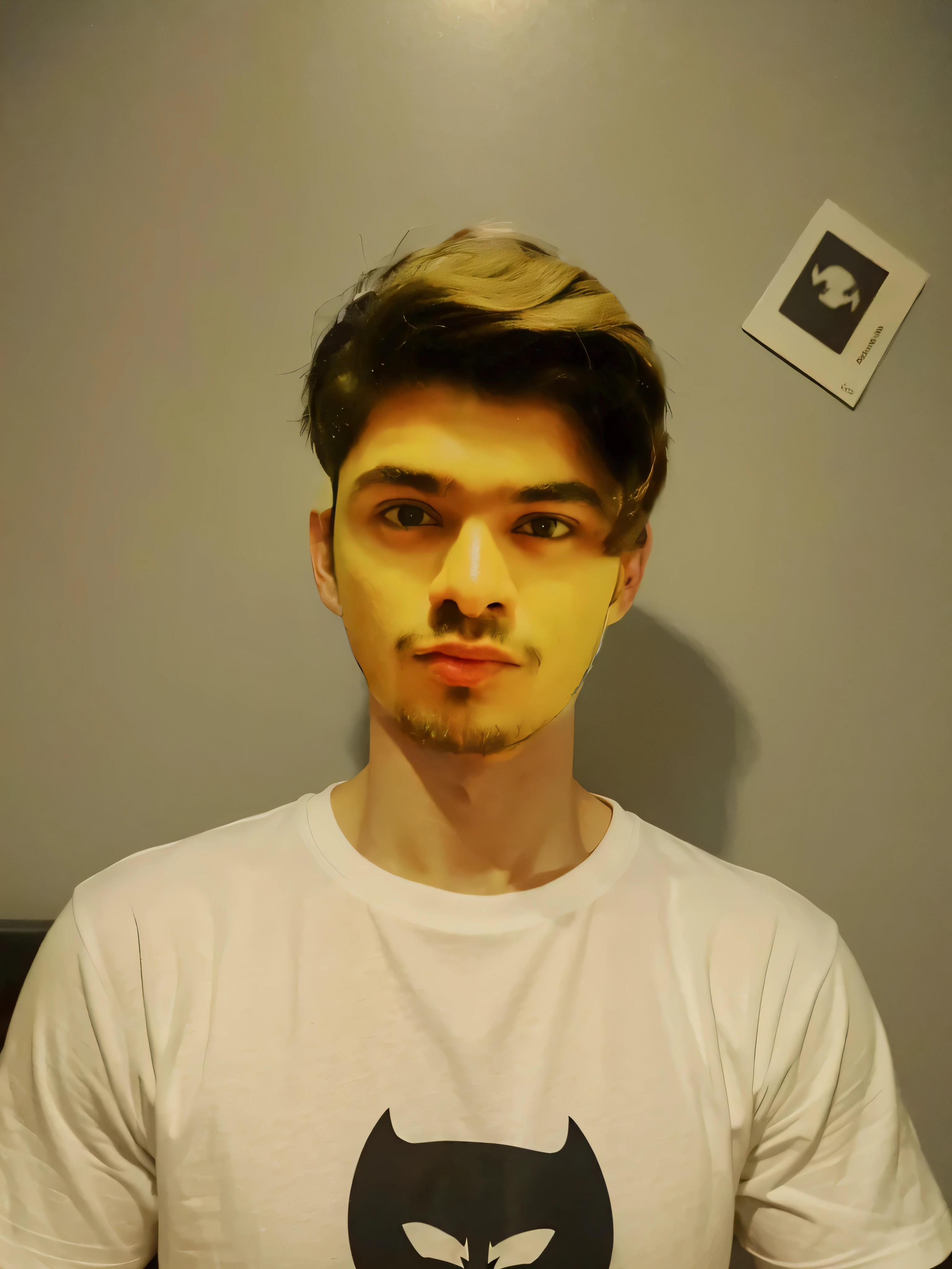 Turn only lower body with neck into a man wearing black T shirt with batman logo on it. Passport size portrait photo. Epic realistic portrait. Realistic gotham city background. DSLR photo