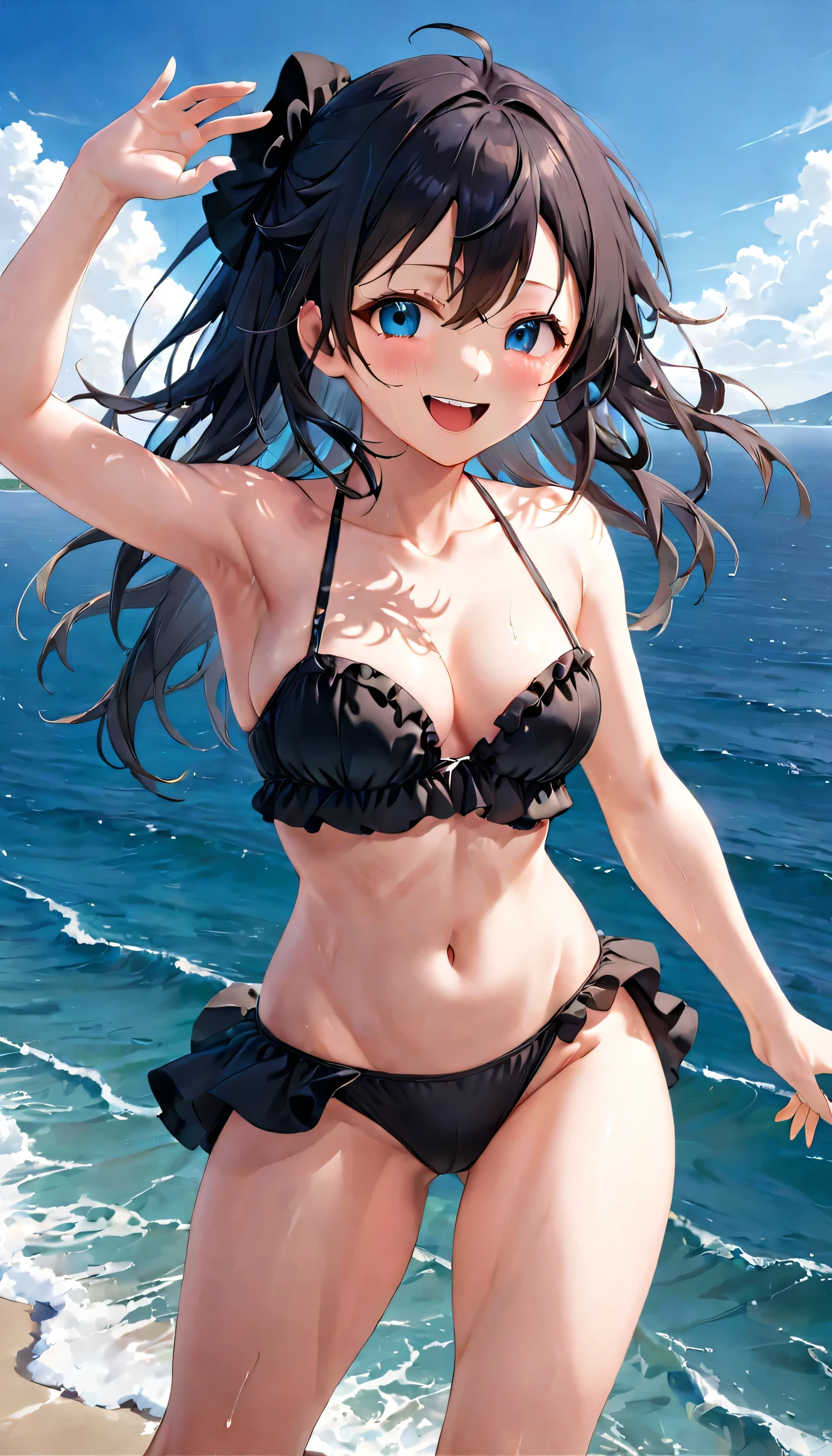 A young girl in a black bikini stands seaside. She is very laughing with her rich facial expressions and with one hand salute in a natural pose. The dress shows her shoulders and navel. Her hair and costume are slightly ruffled by a gentle breeze. The background is a very beautiful blue sea. Her both hands touch extremely realistic and anatomically accurate details of muscles, arteries, veins, and knuckles, depicted with precise tendon and bone structure, avoiding any distortions or unrealistic features. The image is rendered in a Japanese anime style with high-resolution film, focusing on sophisticated color tones and natural lighting effects.