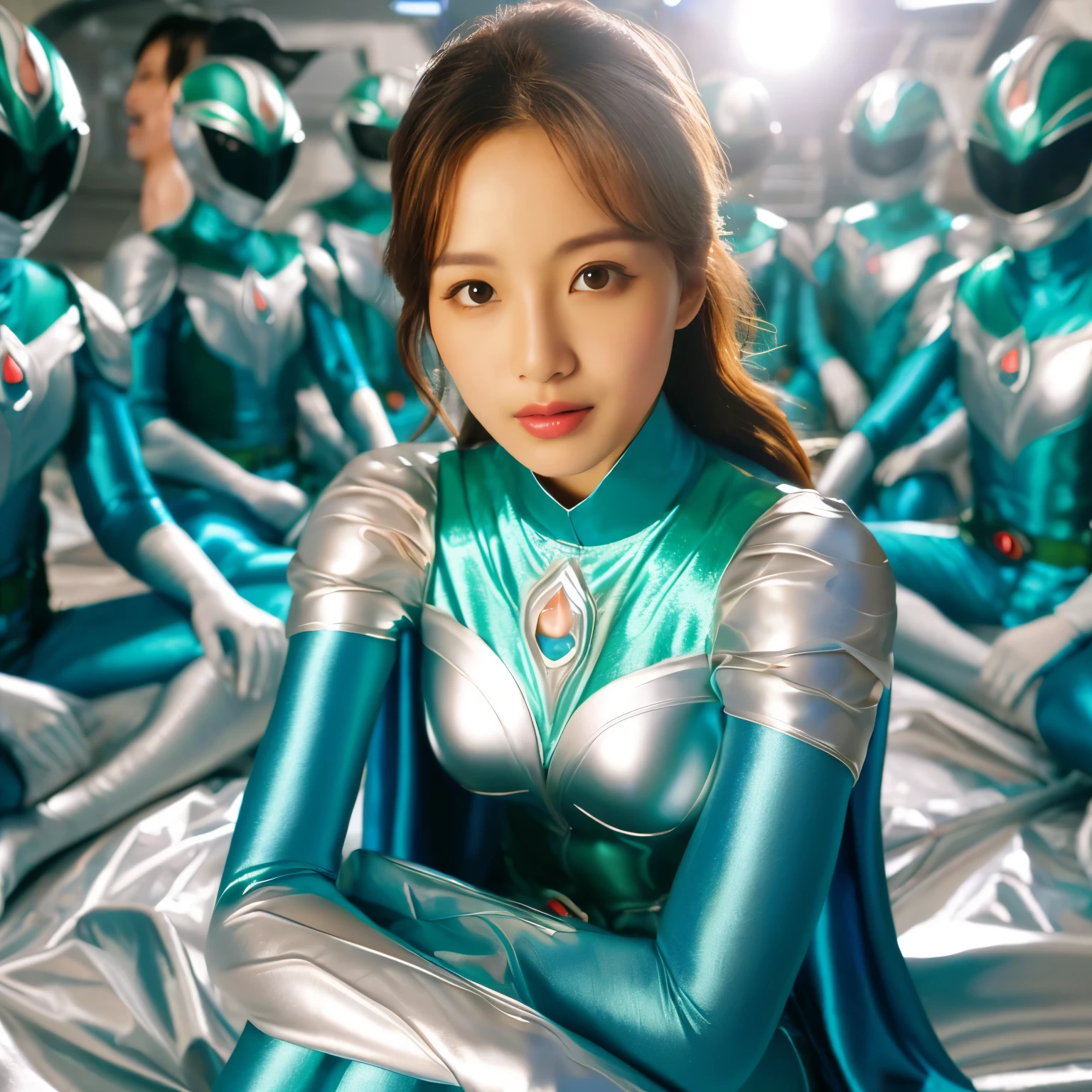 best image quality、Super high resolution、(realism:1.4)、Korean beauty star、The most beautiful KPOP star、horny face、Horny Korean makeup、erotic expression、A body that makes you want to touch it、erotic photos、((Realistic shiny satin fabric texture、High-gloss stretch satin fabric that is smooth and smooth to the touch.、The drape of the curved part of the shiny satin fabric、strong shiny costume、The smooth and beautiful quality and luster of the costumes、A shiny costume made of high-quality satin fabric with high density.、Smooth to the touch oil light liang ultra-class battleship skin coat COS、Super SentaiWomen&HeroineSuit、Texture of costumes that satin fetishists respond to、Thin, glossy stretch satin fabric)),8K photo quality