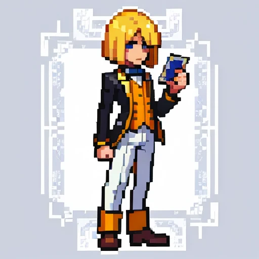 Pixel art, full body, facing left (important), alone, standing upright, long sleeve tuxedo with open front, boots. Hair color: Light medium blonde bob with parted bangs. He has several cards in his hand. Clothes: He wears an orange long-sleeved tuxedo with an open front and a yellow vest underneath. Trousers: white pants. Shoes: Yellow boots.