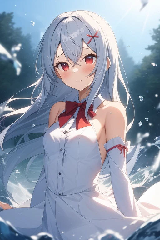 Gorgeous light and shadow, Backlight, 1 Girl,Valkyrie， Blunt side bangs, Hair between the eyes, Red Eyes, Delicate face, ribbon, White Dress, bow tie, Buttons, Bare shoulders, Detached sleeves, (Small Breasts), ((微wind)), Splashing splashes, wind, Flowing long hair, (shattered glass), Gray hair, Flying water, hair covering your body, Flying red ribbon, (水墨画wind格), [:(Slender arms and hands):0.8]，