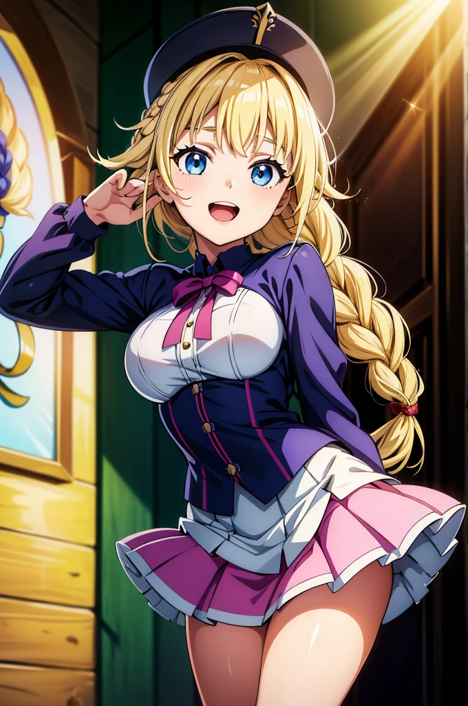 super fine illustration,vibrant colors, masterpiece, sharp focus, best quality, depth of field, cinematic lighting,ultra detailed,1girl,jean \(genshin impact\),genshin impact,portrait, dutch angle, leaning forward,white uniform with (miniskirt:1.3),medieval castle, village,crowded street,lens flare,diffraction spikes, vapor,blurry background, depth of field,medium large breasts,(embaracced:1.2), smile, open mouth, pose,perfect hand,, (masterpiece:1.2),(best quality:1.2), (absurdres:1.2), (detailed background),newest, ai-generated,Eiko Tsukimi, blue eyes, braid, twin braid,(((blonde hair))),baseball cap,
