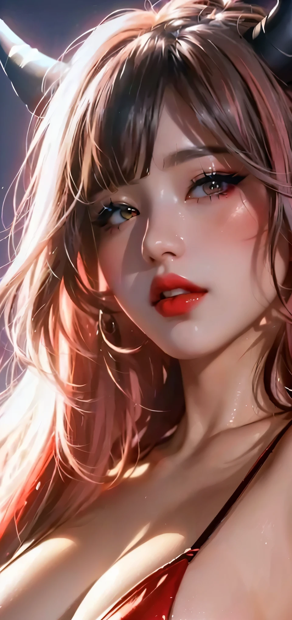 anime girl with horns and red lipstick posing for a picture, artwork in the style of guweiz, detailed portrait of anime girl, rossdraws 1. 0, rossdraws portrait, ig model | artgerm, inspired by Yanjun Cheng, stunning anime face portrait, rossdraws digital painting, digital anime illustration, rossdraws 2. 5, kawaii realistic portrait, glossy face