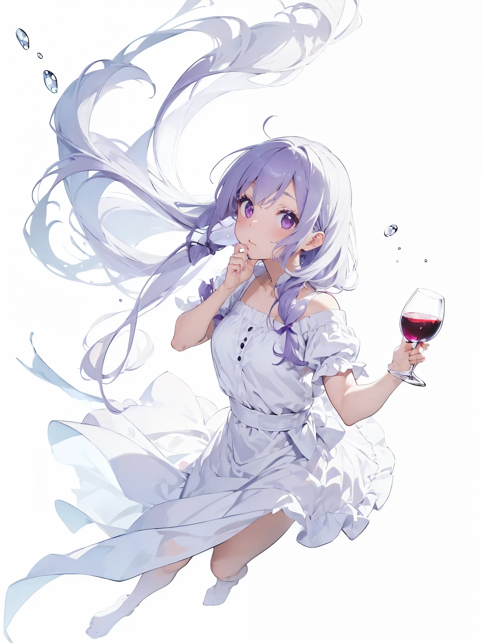 (White Background:1.5)A girl drinking from a wine glass and getting tipsy, Wearing a princess dress、Long purple hair, Pale red eyes, Embarrassing、Perfect Fingers