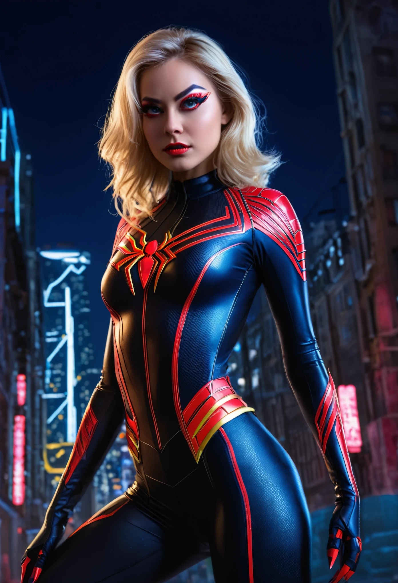 (best quality,highres,masterpiece:1.2),blonde Spider-Woman,sexy uniform,beautiful detailed eyes,long eyelashes,fit body,confident posture,dynamic pose,urban backdrop,science fiction style,neon colors,night scene,soft lighting