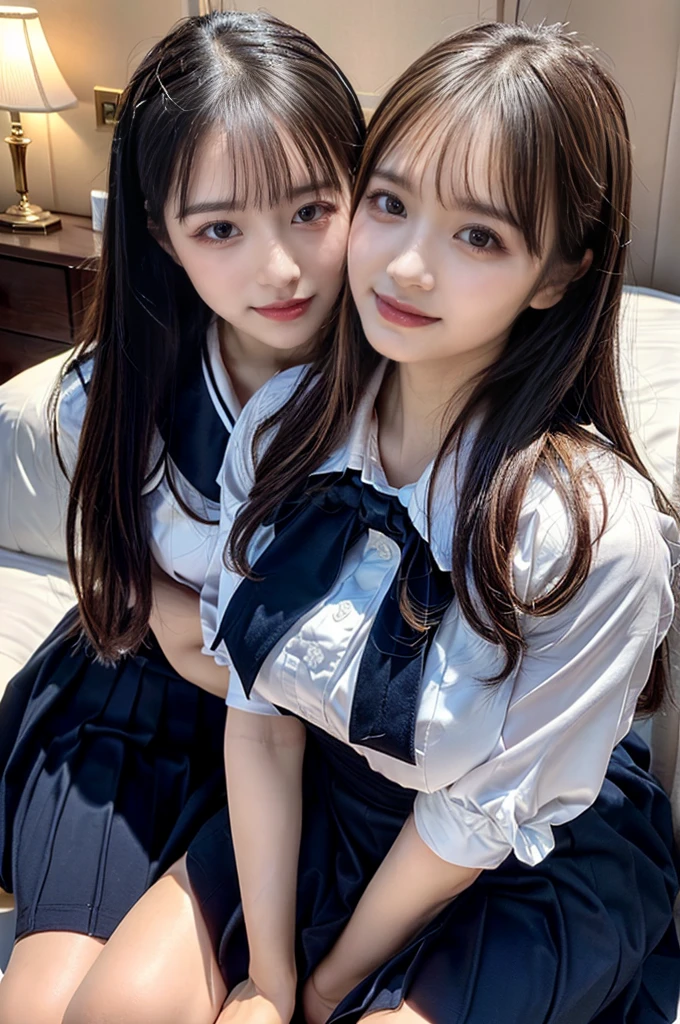 ((Four schoolgirls sitting on bed,Sit across from me,Look at me affectionately fascinated、Enraptured look,Trance,Everyone sees the camera perfectly,1 beautiful girl who is half Spanish,a blond,Brown hair,A dark-haired,photoRealstic,Luxury hotel bed taken from the lap,Same uniform,japanese,4 schoolgirls,Play with each other,Touching each other's bodies,Touching the body of the girl next door,4 Close contact,Very hilarious pose)),(Navy blue skirt in a sailor suit、Red ribbon and white shirt,Same ,large full breasts,very huge round breasts,Beautiful makeup,glitter makeup,Cutest 18 years old)),((Realistic lighting,during daytime,The background is a luxury hotel room,A detailed face,perfect teeth,White teeth,finerly detailed face,Beautiful face,an ecstatic look on one's face,Perfect fingers,Accurate 5 fingers,high-definition RAW color photography, professional photograpy, extremely delicate and beautiful, Extremely detailed,finely detail, Huge file size,Top image quality,8K))