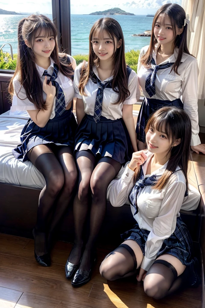 (Highschool girls inside suite room:1.4, 17 years old, cute faces:1.5, triangular face, sitting on gorgeous bed), looking at viewer, ((embarrassed:1.3, smile:1.1)), shy smile, open mouth, silky skins, natural makeup, glossy lips, group shot, (sexual suggestive:0.7), (identical school uniform:1.5, white shirt open chest, see through , both hand on breast:1.24), (naked :0.2), (3 girls:1, perfect style, full body), ((slender body)), (pleated plaid skirt, show panties), (raw photo:1.4),(( legs wide open, ribbons, pantyhose:1.2)), (gentle light, 16k wallpaper, raw photo, idol), BIBE, (wide window with ocean scenery, expensive furniture:1.3, sheets on floor:1.4, flowers in planter), (very huge round breasts)