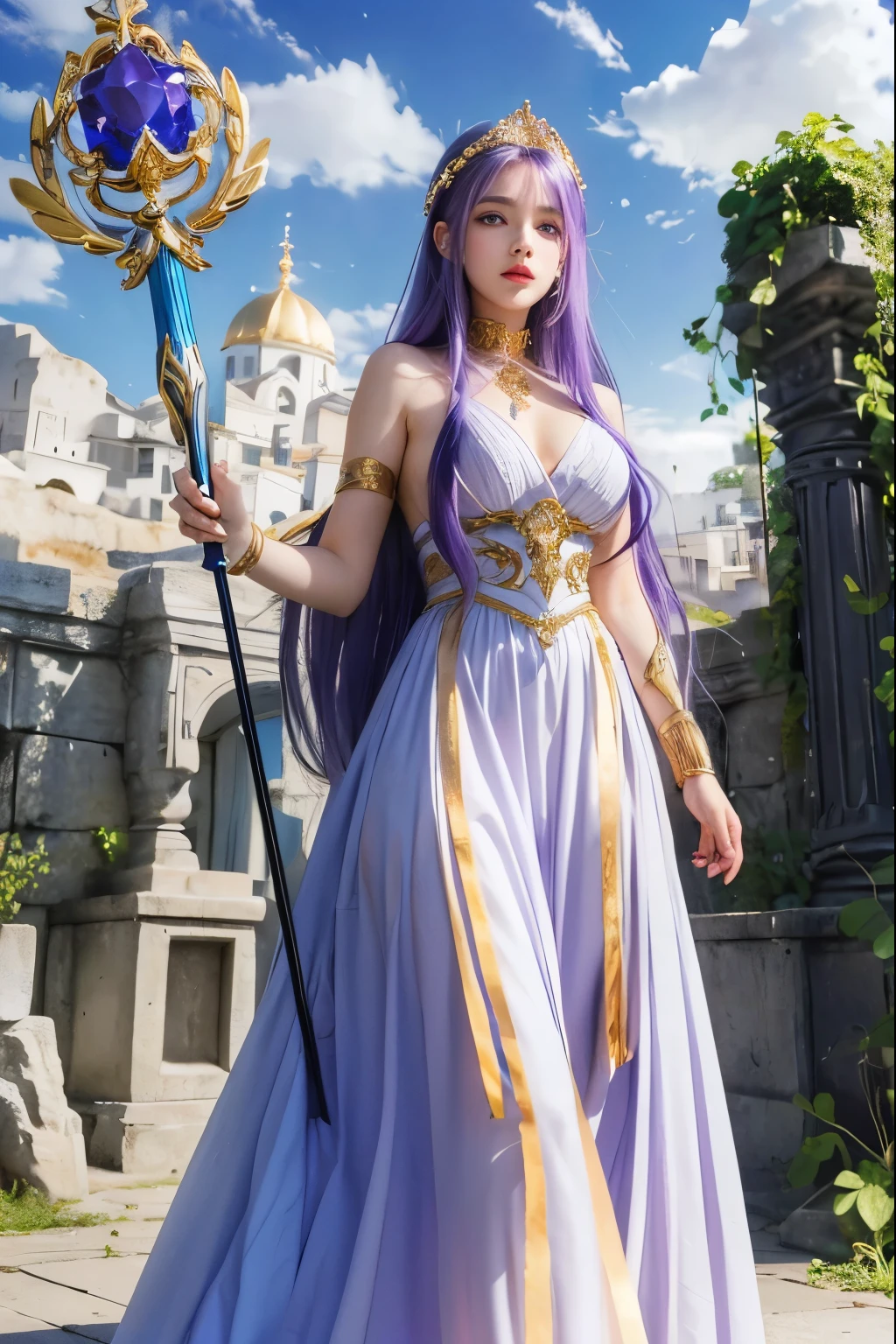 a woman with purple hair and blue eyes; gold staff white dresso Atena, Venus goddess Athena