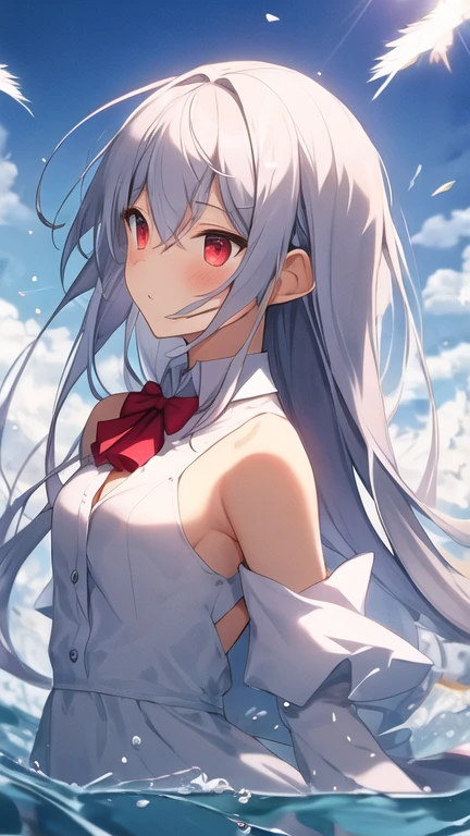 Gorgeous light and shadow, Backlight, 1 Girl,Valkyrie， Blunt side bangs, Hair between the eyes, Red Eyes, Delicate face, ribbon, White Dress, bow tie, Buttons, Bare shoulders, Detached sleeves, (Small Breasts), ((微wind)), Splashing splashes, wind, Flowing long hair, (shattered glass), Gray hair, Flying water, hair covering your body, Flying red ribbon, (水墨画wind格), [:(Slender arms and hands):0.8]，