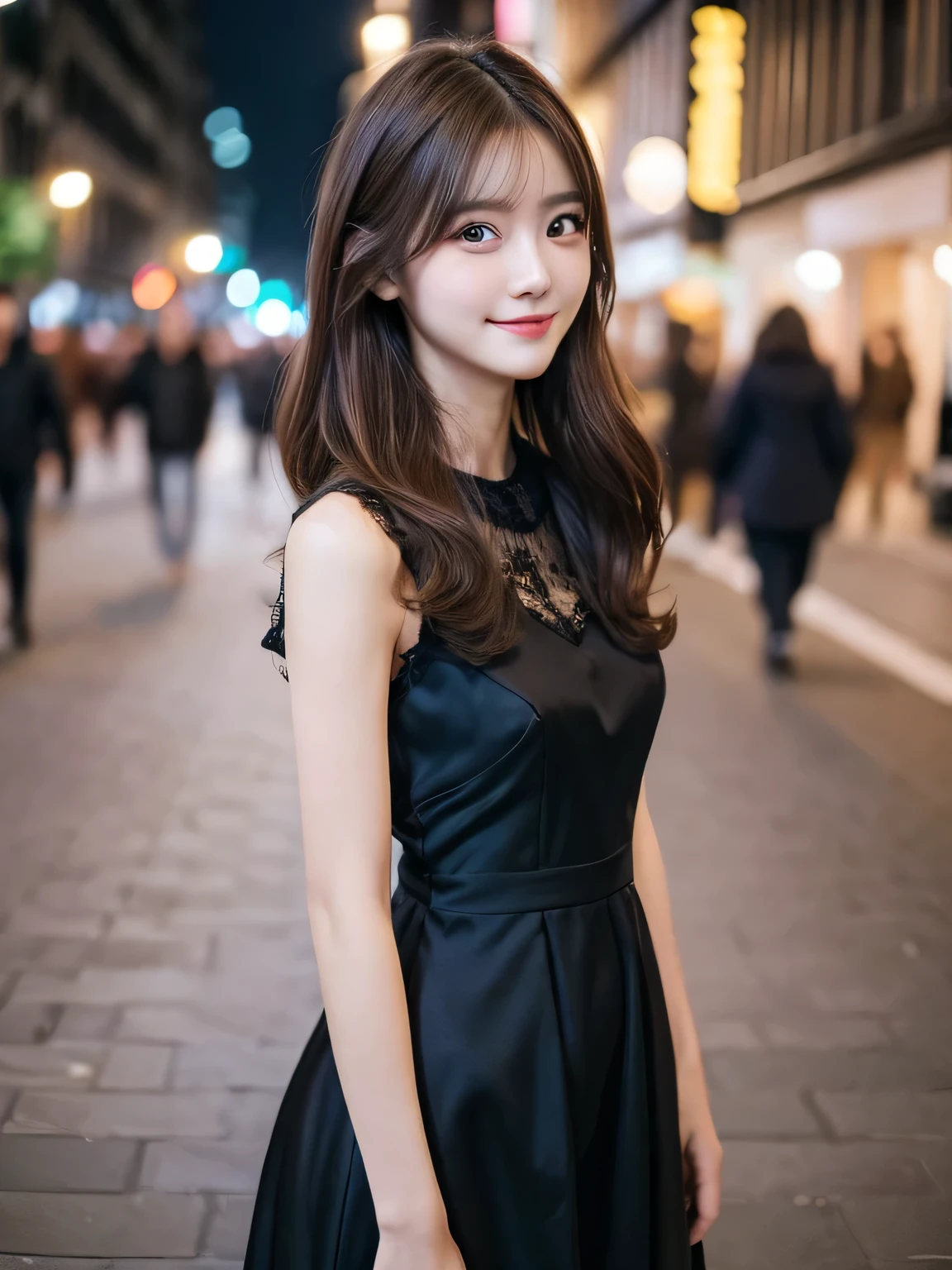 ((highest quality, 8k, masterpiece :1.3)), One girl, smile, whole body, Slim face, Beautiful woman, (Dark brown hair), Full-length dress :1.1, Highly detailed face, Fine grain, double eyelid, Blur the background, Slim face, city, outside, street,