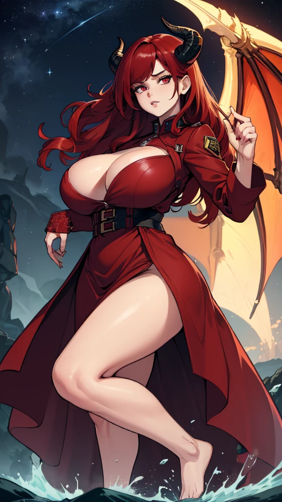 Masterpiece: 1.3, 1 girl ((25 years old, dressed in a tight military burgundy dress, huge breasts, long bright red hair, beautiful face, perfect model body, big dragon horns, bright red eyes: 1.4, cold-blooded and neutral face, looking at the girl:1.2, sea of blood in the background at night: 1.1, beautiful and energetic atmosphere:1.2))