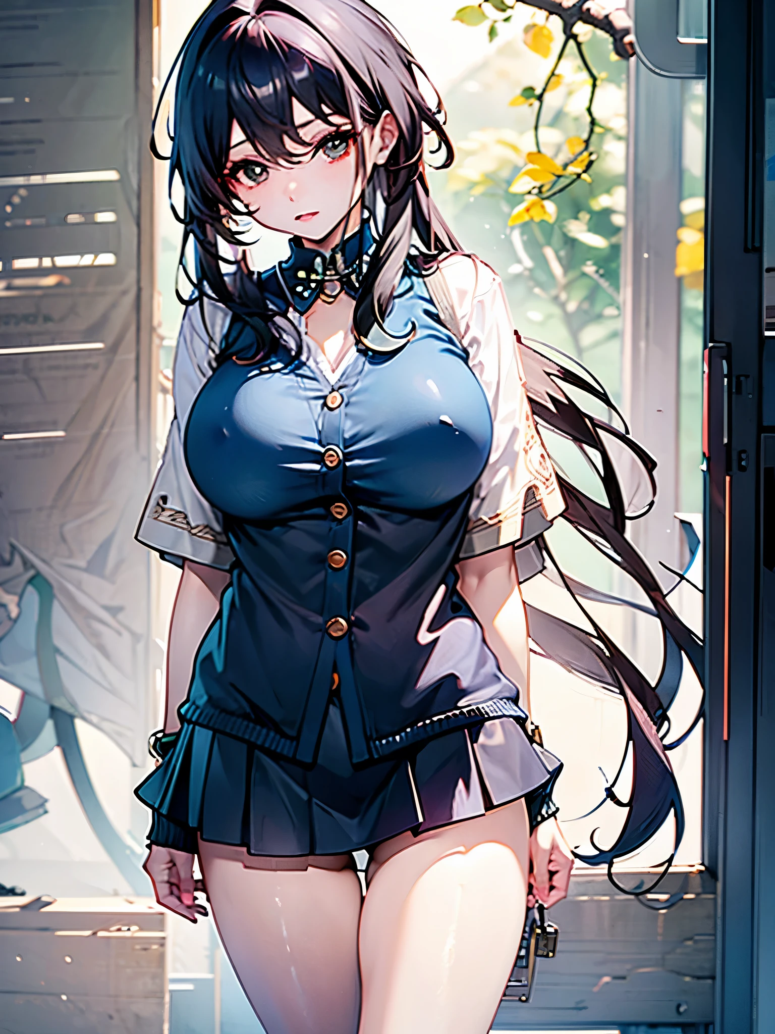 Ruan mei, big breast, wearing cardigan + miniskirt uniform