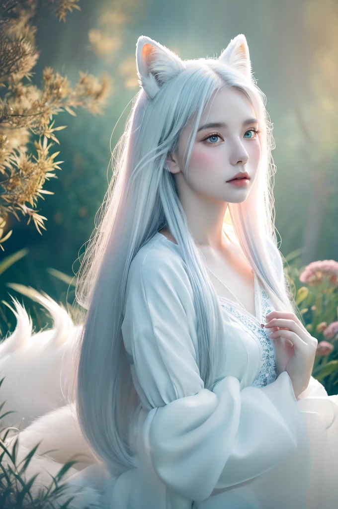 ( masterpiece, top quality, best quality,8k,17 years old girl,ultra detailed,raw photo:1.5),(photorealistic:1.4),(cinematic lighting), PerfectNwsjMajic, , Surrealism, UHD, ccurate, Super detail, textured skin, High detail, Best quality, dynamic angle, (high nose,White skin),[Beautiful blue eyes],[flat chest:large breasts:0.5],(1girl),(good anatomy:0.5)), Nine snow-white fox tails (1.0), Milky white fox tail (1.0), Close-up of nine-tailed fox, Nine tails, Nine tails，There are flowers on the hair, Very beautiful fox girl, Beautiful anime fox girl, Beautiful fantasy, guweiz, girl with fox ears, Very beautiful and cute fox girl, flower rain, The background  blurred, Dreamy atmosphere,mystical ambiance, Artistic interpretation,a whimsical illustration, Subtle colors and tones, mystical aura,white hair