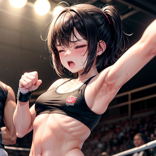 Drenched in sweat and covered in bruises, she is in a mixed martial arts ring against a female fighter. Her opponent's fist is pressed against her poor belly. One eye closed and mouth open, she is gasping for breath and drooling. She is a cute Japanese high school girl with short-cut black hair. She is wearing a sports bra, high-leg shorts, and open-finger gloves. Small breasts, poor belly, slender body, poor body.