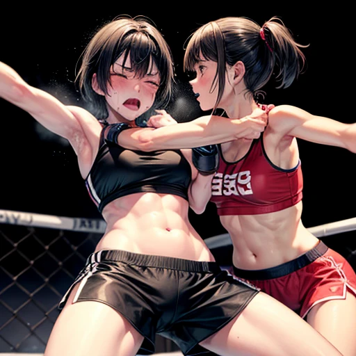 Drenched in sweat and covered in bruises, she is in a mixed martial arts ring against a female fighter. Her opponent's fist is pressed against her poor belly. One eye closed and mouth open, she is gasping for breath and drooling. She is a cute Japanese high school girl with short-cut black hair. She is wearing a sports bra, high-leg shorts, and open-finger gloves. Small breasts, poor belly, slender body, poor body.