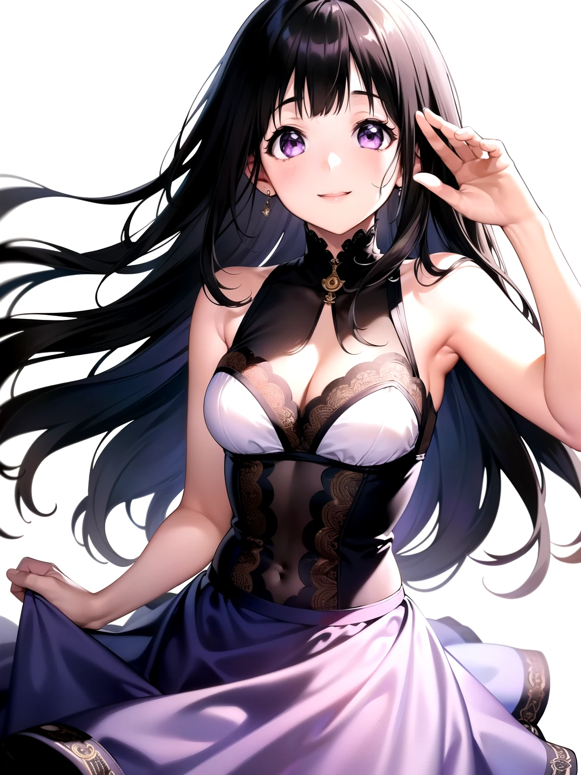(A superb exquisite Chitanda Eru), (mature face), intricate details, (finely detailed beautiful eyes: 1.2), purple eyes, long black hair, natural straight hair, straight bangs, solo, [Small_breasts: large_breasts: 0.5], extremely delicate, peerless beautiful girl, dreamy quality, solid color, bright lips, slender waist, straight curves, soft lights and shadows, super fine, 8K HD, (masterpiece, top quality, best quality, official art, beautiful and aesthetic:1.2), (1 girl), extreme detailed, colorful, highest detailed, (((timid smile, lights on stage, puffy skirt, pop-idol, wave, white background)))
