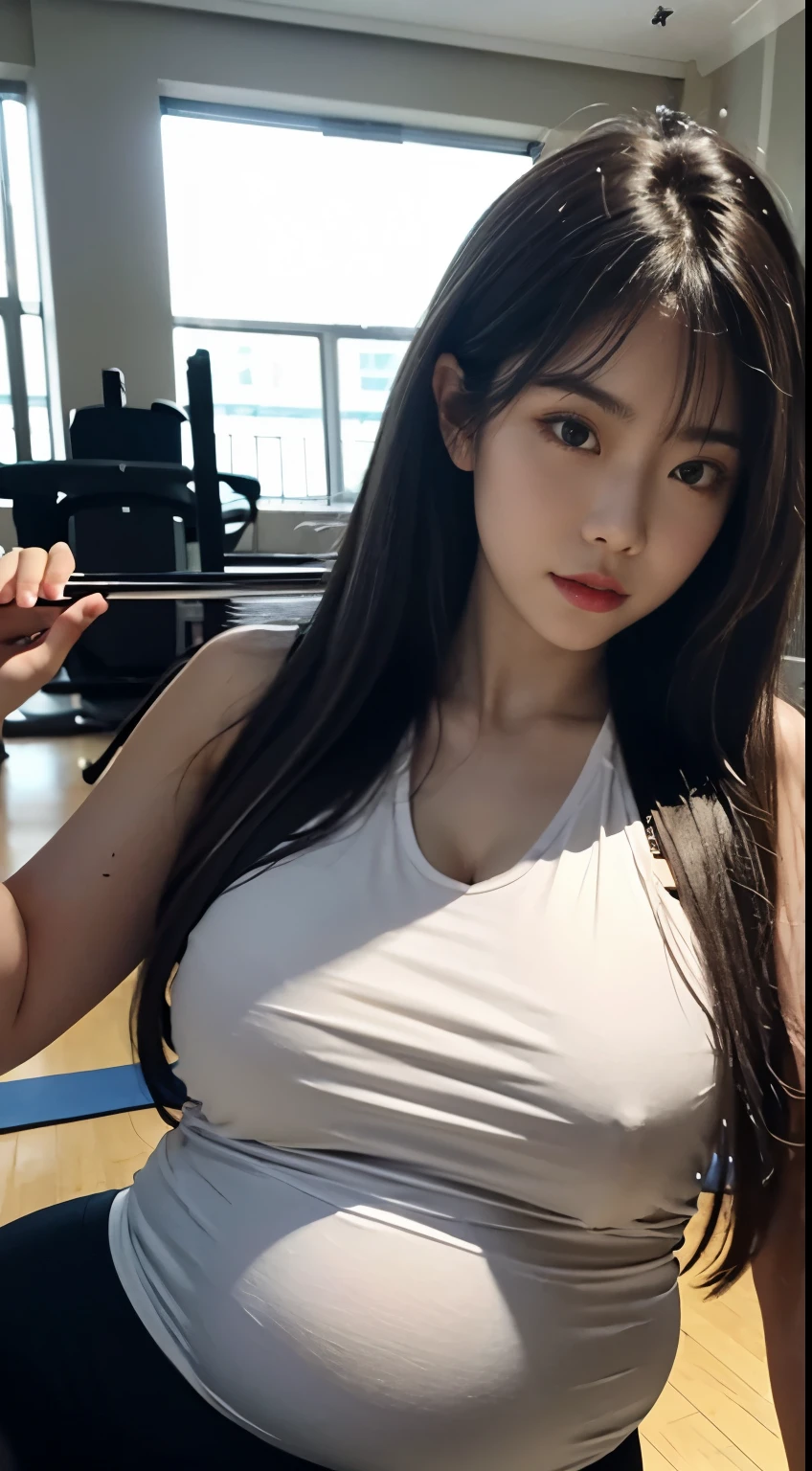 A Chinese woman in gym equipment, fluffy hair, delicate face, bright, real girl, large aperture, wearing tight yoga pants, tight trousers, wearing a nine-point yoga vest, round neck vest, macro shooting, slightly fat, plump, y, looking at you, good-looking eyes, very plump, very bighuge pregnant)