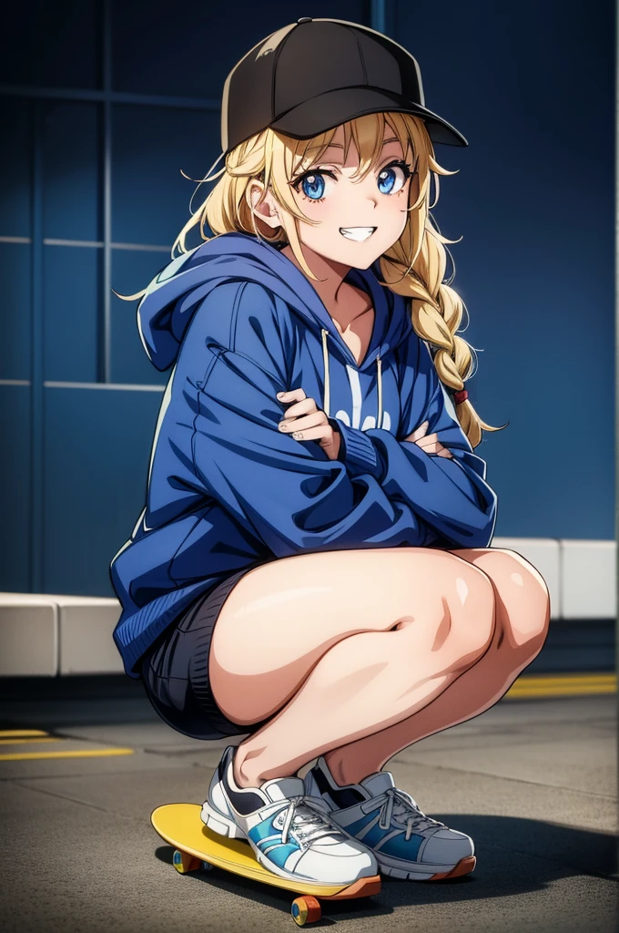 a scene of a pretty anime girl kneeling down on a skateboard, 1girl, blue eyes, blonde hair, solo, hat, smile, squatting, baseball cap, looking at viewer, braid, hood, grin