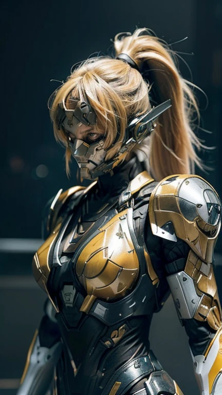 Busty women,Blunt bangs,Thighs,Blonde Hair,Volumie,Wavy long hair,Woman in a mechanical bikinisuit,ponytail,
"A high school-aged girl wearing a combat-powered suit. She has a headband connected to ear receivers. Her face is protected by a shield, ensuring her safety during battles. The suit is primarily made of silver metal and resembles the shape of a bikini. She is equipped with shoulder guards and power hands, which amplify her strength by hundreds of times."