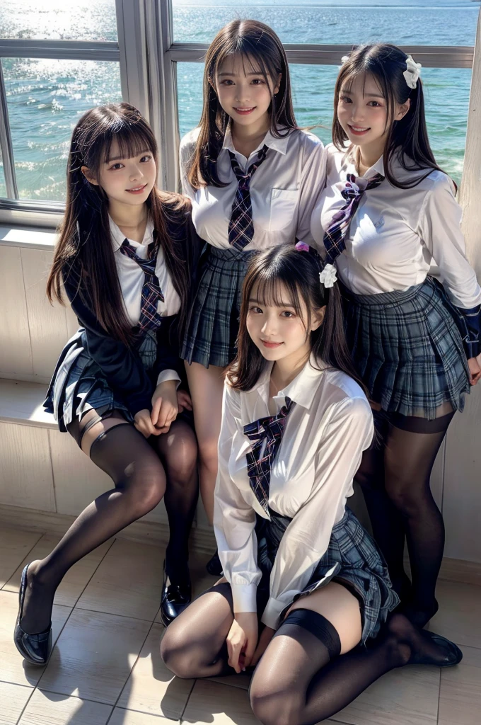 (Highschool girls inside suite room:1.4, 17 years old, cute faces:1.5, triangular face, sitting on gorgeous bed), looking at viewer, ((embarrassed:1.3, smile:1.1)), shy smile, open mouth, silky skins, natural makeup, glossy lips, group shot, (sexual suggestive:0.7), (identical school uniform:1.5, white shirt open chest, see through , both hand on breast:1.24), (naked :0.2), (3 girls:1, perfect style, full body), ((slender body)), (pleated plaid skirt, show panties), (raw photo:1.4),(( legs wide open, ribbons, pantyhose:1.2)), (gentle light, 16k wallpaper, raw photo, idol), BIBE, (wide window with ocean scenery, expensive furniture:1.3, sheets on floor:1.4, flowers in planter), (very huge round breasts)