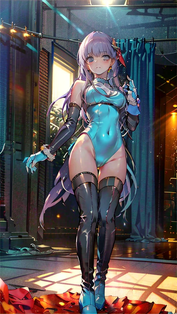 highest quality,Lie on your back in bed,Bow-legged,Show me your boots,Thigh-high boots,leotardチラ見せ,Gloves,elegant, 1 girl, leotard,Bodysuits,cute, Blushed, Looking at the audience, From below, prison,blue eyes, Beautiful Eyes, Beautiful background, Particles of light, Light of the sun, Dramatic lighting, outside, Shiny, Realistic, Tabletop, highest quality, Very detailed, Get used to it, scenery, Beautiful and detailed, Thin Hair,Full Body Shot,