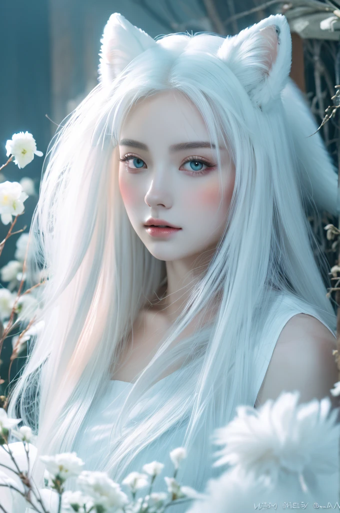 ( masterpiece, top quality, best quality,8k, girl,ultra detailed,raw photo:1.5),(photorealistic:1.4),(cinematic lighting), PerfectNwsjMajic, , Surrealism, UHD, ccurate, Super detail, textured skin, High detail, Best quality, dynamic angle, (high nose,White skin),[Beautiful blue eyes],[flat chest:large breasts:0.5],(1girl),(good anatomy:0.5)), Nine snow-white fox tails (1.0), Milky white fox tail (1.0), Close-up of nine-tailed fox, Nine tails, Nine tails，There are flowers on the hair, Very beautiful fox girl, Beautiful anime fox girl, Beautiful fantasy, guweiz, girl with fox ears, Very beautiful and cute fox girl, flower rain, The background  blurred, Artistic interpretation,a whimsical illustration, Subtle colors and tones, mystical aura,white hair