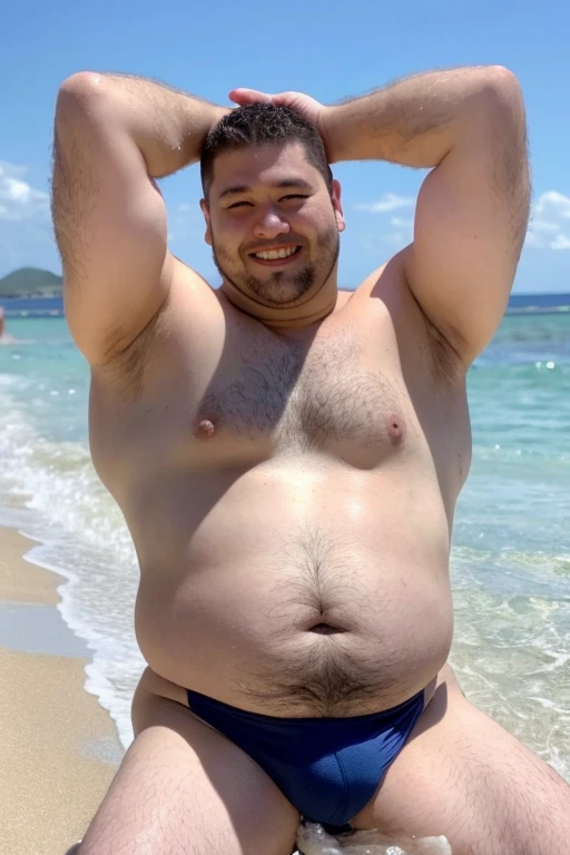 ((highest quality)), ((masterpiece)), (detailed), Perfect Face、Shaved head、Young Japanese、Muscular、Fat body、Big guy、smile、white small swimsuit、Emphasize the chest、Thick legs、Thick arms、naked、have power、Emphasizing erect genitals