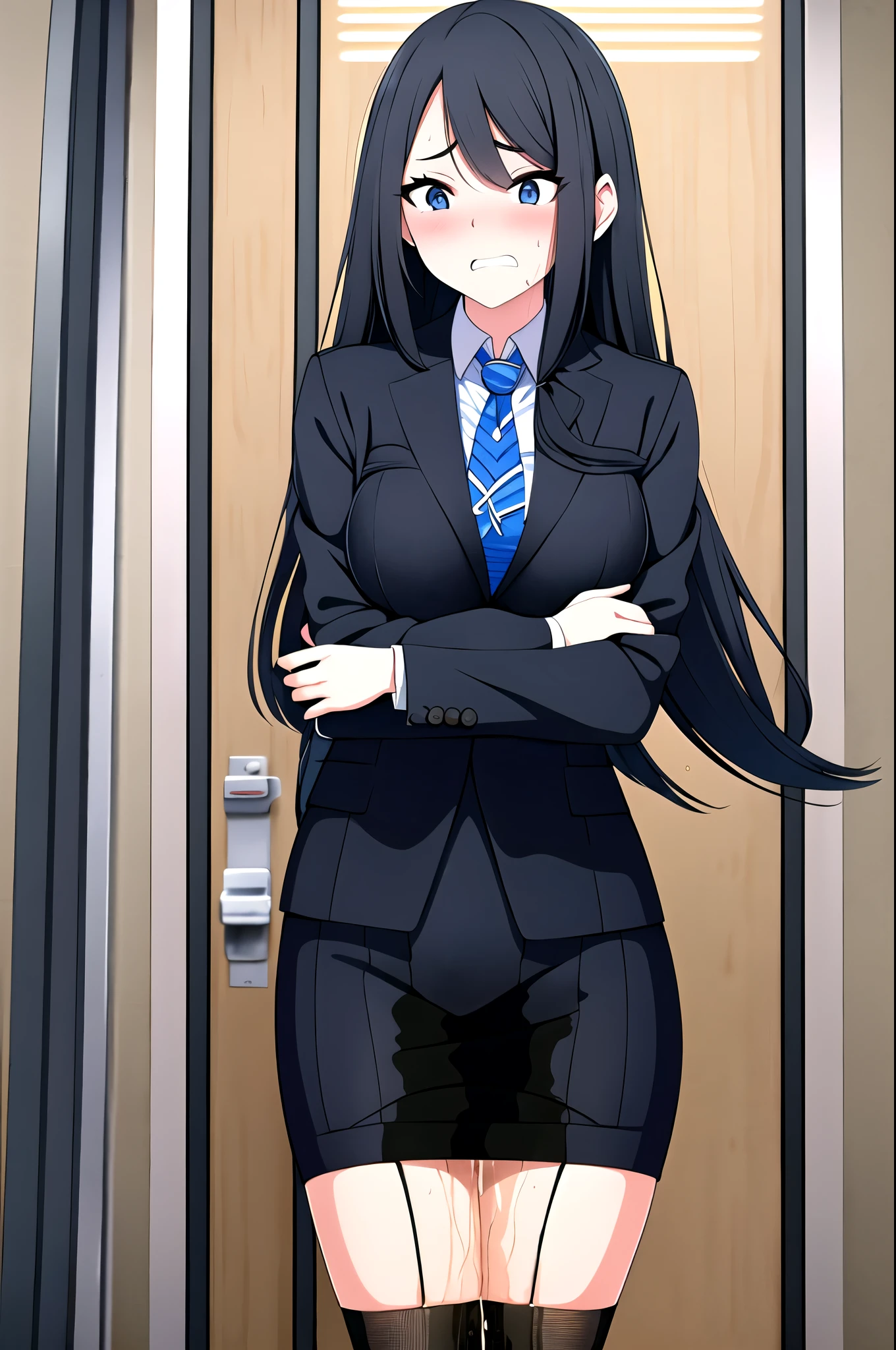 A woman with very long black hair, (very long hair:1.25) and (long bangs:1.5), wearing a business suit (business outfit:1.5) and a long pencil skirt with pantyhosse, standing. The artwork is inspired by manga and incorporates a doujin style. The woman appears to be (wetting herself:1.5), which causes her to feel embarrassed and humiliated, resulting in a blush on her face. In addition, there is an air of anger in her expression. The lighting in the scene is moody, with a spotlight highlighting the woman's figure, Her arms are crossed (crossing arms:1.5), showcasing a very large pee stain that covers almost the entire front of her pencil skirt., large breasts, skinny 