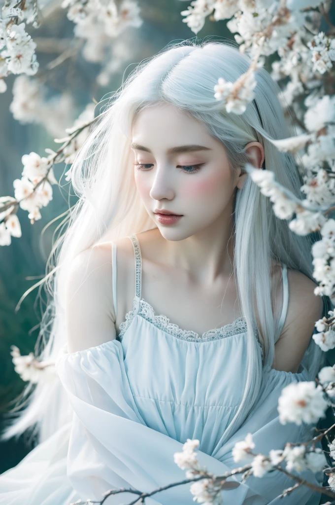 ( masterpiece, top quality, best quality,8k,17 years old girl,ultra detailed,raw photo:1.5),(photorealistic:1.4),(cinematic lighting), PerfectNwsjMajic, , Surrealism, UHD, ccurate, Super detail, textured skin, High detail, Best quality, dynamic angle, (high nose,White skin),[Beautiful blue eyes],[flat chest:large breasts:0.5],(1girl),(good anatomy:0.5)), Nine snow-white fox tails (1.0), Milky white fox tail (1.0), Close-up of nine-tailed fox, Nine tails, Nine tails，There are flowers on the hair, Very beautiful fox girl, Beautiful anime fox girl, Beautiful fantasy, guweiz, girl with fox ears, Very beautiful and cute fox girl, flower rain, The background  blurred, Dreamy atmosphere,mystical ambiance, Artistic interpretation,a whimsical illustration, Subtle colors and tones, mystical aura,white hair