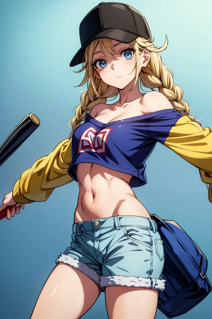 a cartoon female in shorts and a baseball hat facing the camera and holding a baseball bat, 1girl, hat, braid, baseball cap, blue eyes, navel, shorts, blonde hair, solo, long hair, jacket, crop top, off shoulder, twin braids, midriff, breasts