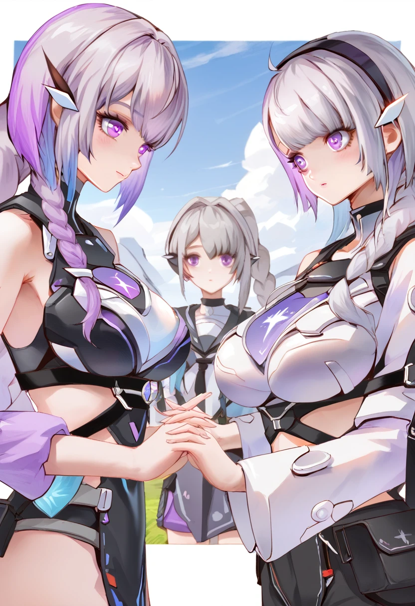 yinji,4 girls holding hands,purple_hair,purple_Eye,Very_long_hair,grey_hair,Braided_Ponytail,Large target_breast,slope_hair,