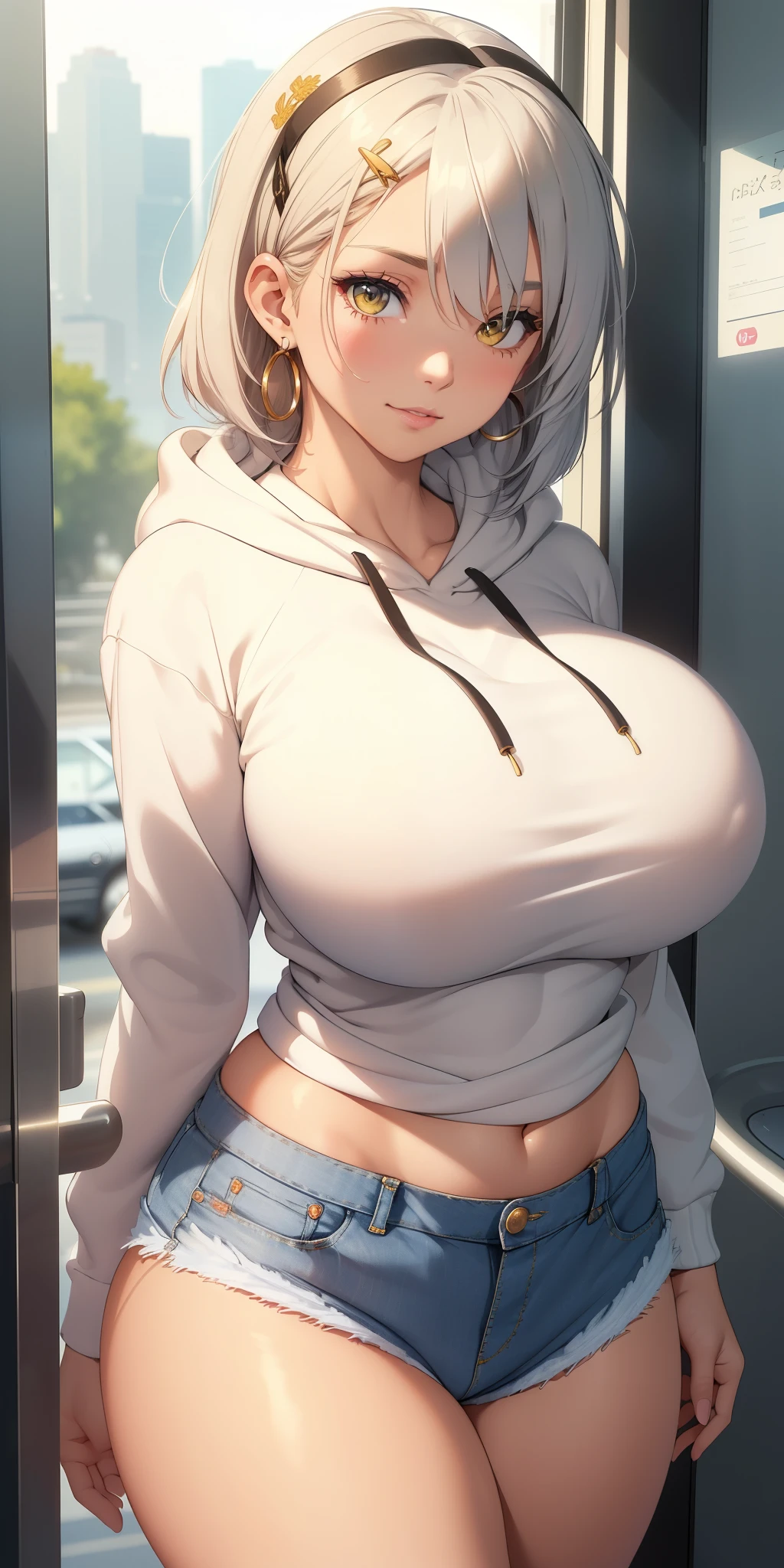Big round breasts ((beautiful and beautiful woman in her 30s)) (short light silver hair, tied with ribbon, long side bangs covering the eye, hair clip, beautiful earrings), beautiful detailed yellow eyes, double eyelids, detailed iris, light effect on the eyes, ((hoodie top underneath, high-waisted denim shorts with embroidery made in delicate and cool fabric, striped socks)) ((hyper detailed, 16k, masterpiece, hyper realistic, perfect lighting , effect of light and shadow on the skin, sharp focus, soft lighting) ), perfect pink lips, tanned skin, woman of superior beauty, beautiful and sensual, is in love, insinuating smile ((has a curvy body with beautiful notable curves, with big breasts )) ((variable sensual poses inside the elevator))