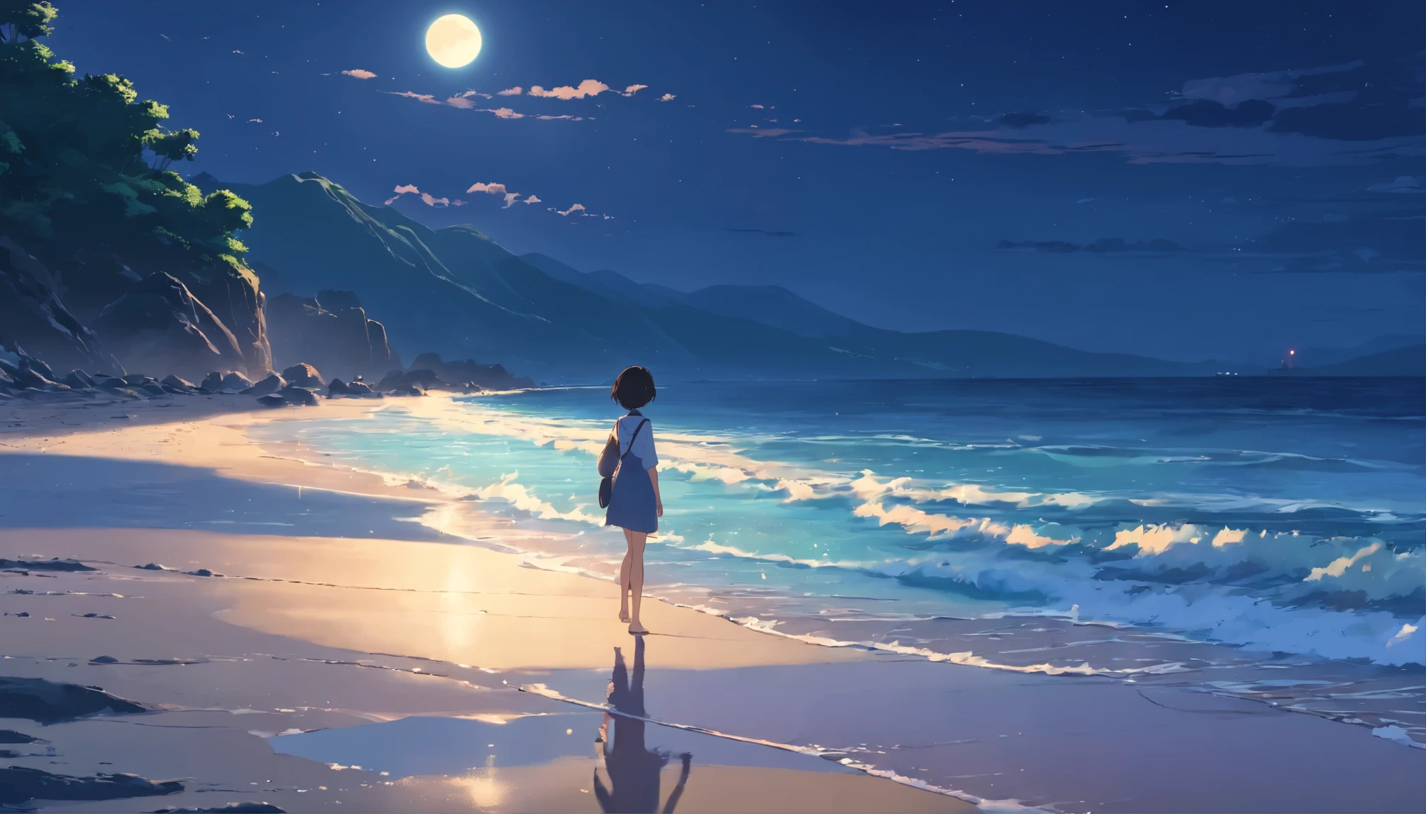 masterpiece, highest quality, Movie stills, Night on the beach, Dark beach, Wave, rock, water, Ocean, moonlight, Ocean岸