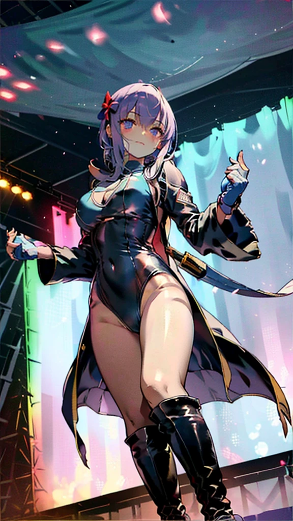 highest quality,Lie on your back in bed，Bow-legged，Show me your boots，Thigh-high boots，leotardチラ見せ，Gloves，elegant, 1 girl, leotard，Bodysuits，cute, Blushed, Looking at the audience, From below,Beautiful Eyes, Beautiful background, Particles of light, Dramatic lighting, outside, Shiny, Realistic, Tabletop, highest quality, Very detailed, Get used to it, scenery, Beautiful and detailed, Thin Hair，Full Body Shot，