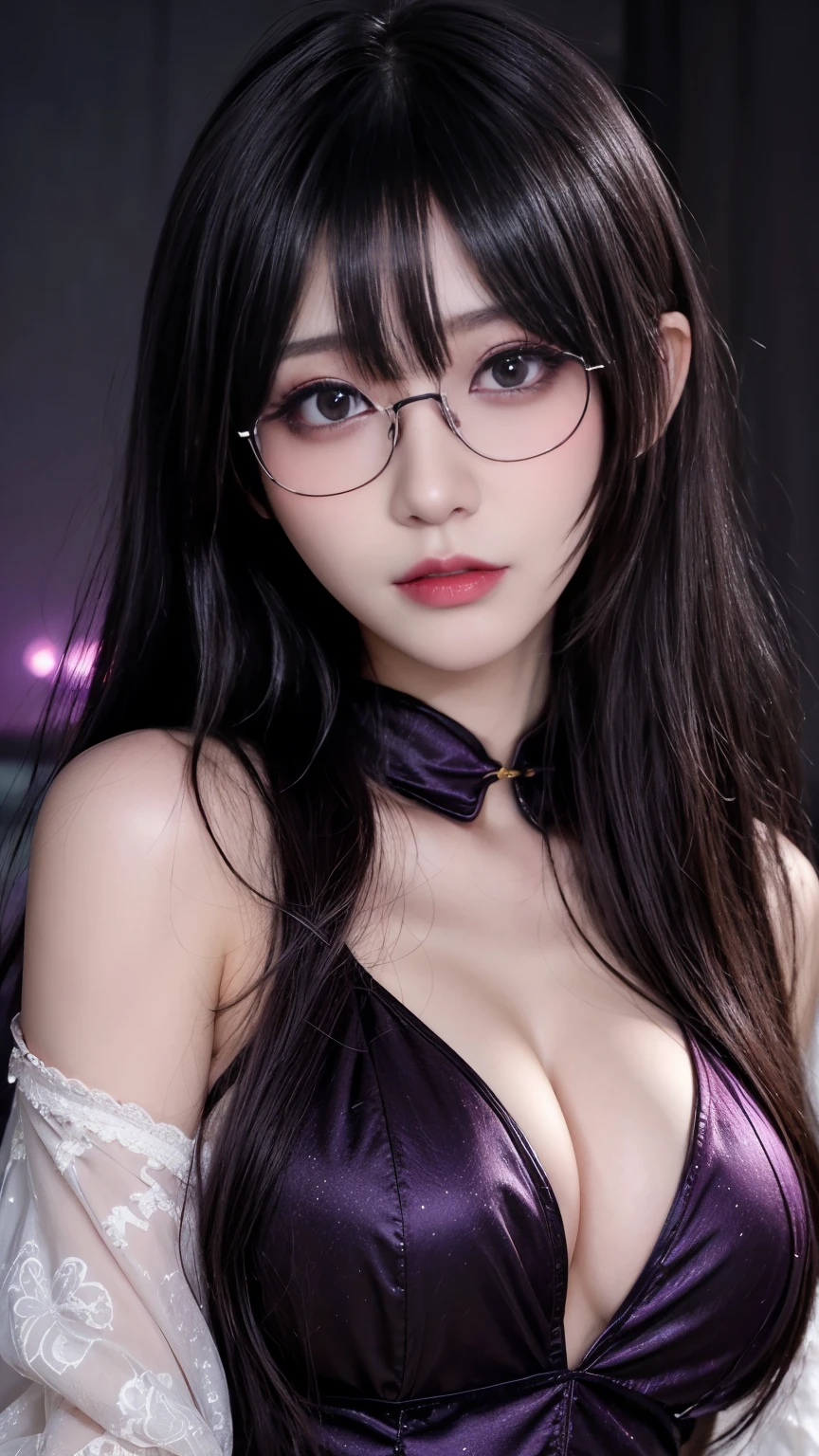 background(Black night sky,Big Moon),Close-up of a woman,Wearing a white shirt、((Black-rimmed glasses))、Purple Hair,Very long hair,very thick braids,Purple eyes,big , realistic girl rendering, 8k artistic german bokeh, Enchanting girl, Real Girl, Gurwitz, Gurwitz-style artwork, Girl Roleplay, Realistic 3D style, cgstation Popular Topics,, 8K Portrait Rendering,(truth,truth:1.4),巨big ,Sparkling eyes,Purple eyes、Captivating beauty、Attractive adult woman、Beautiful woman、Cool girl、evil female、Brainwashed、brainwashing、Fallen into evil、Grin、Evil expression、Evil smile、evil、Brown Hair、Wavy Hair、Swept-apart bangs、Heavy makeup、Heavy makeup、Sharp Eye、Hollow Eyes,Half-closed eyes、Hollow Eyes、Purple Eyeshadow、Black lipstick、Black lip gloss、Long black cheongsam、Wide sleeves、night、Spooky Fortressscape Brush、Compensate、Are standing、