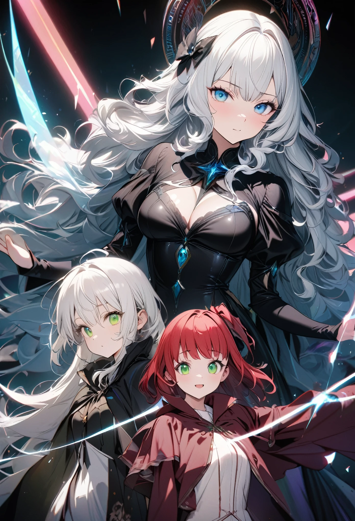 best quality, super fine, 16k, incredibly absurdres, extremely detailed, delicate and dynamic, (left half, overbearing cool and beautiful pretty red witch, white hair, blue eyes), (right half, innocent cute black witch, ivory short messy wavy hair, green eyes), the two are rivals, various image effect, background huge iridescent magic circle behind him, inverse proportion, brilliant, shadow