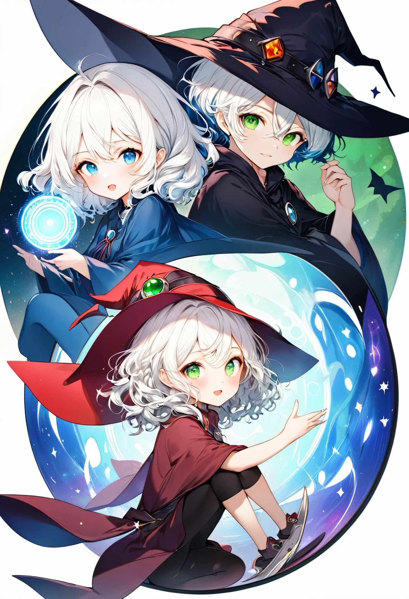 best quality, super fine, 16k, incredibly absurdres, extremely detailed, delicate and dynamic, (left half, overbearing cool and beautiful pretty red witch, white hair, blue eyes), (right half, innocent cute black witch, ivory short messy wavy hair, green eyes), the two are rivals, various image effect, background huge iridescent magic circle behind him, inverse proportion, brilliant, shadow