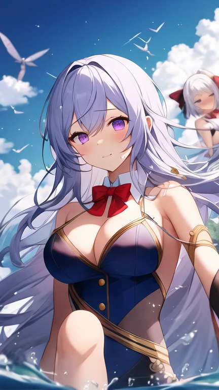 Gorgeous light and shadow, Backlight, 3 Girls,Valkyrie， Blunt side bangs, Hair between the eyes, Purple Eyes, Delicate face, ribbon, Gold Dress, bow tie, Buttons, Bare shoulders, Detached sleeves, (Large Breasts), ((微wind)), Splashing splashes, wind, Flowing long hair, (shattered glass), Red, pink and white hair, Flying water, hair covering your body, Flying red ribbon, (水墨画wind格), [:(Slender arms and hands):0.8]，