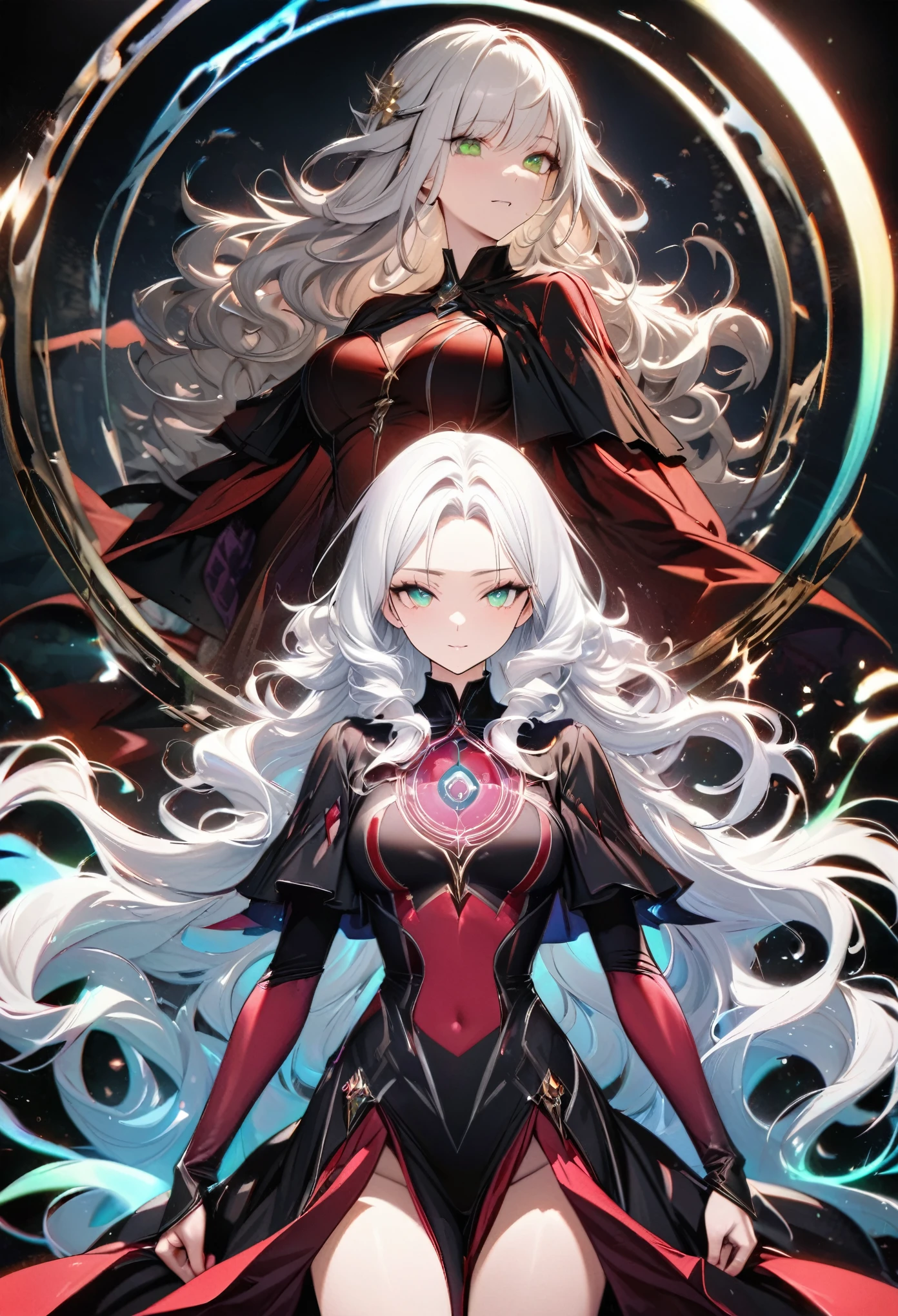 best quality, super fine, 16k, incredibly absurdres, extremely detailed, delicate and dynamic, (left half, overbearing cool and beautiful pretty red witch, white hair, blue eyes), (right half, innocent cute black witch, ivory short messy wavy hair, green eyes), the two are rivals, various image effect, background huge iridescent magic circle behind him, inverse proportion, brilliant, shadow