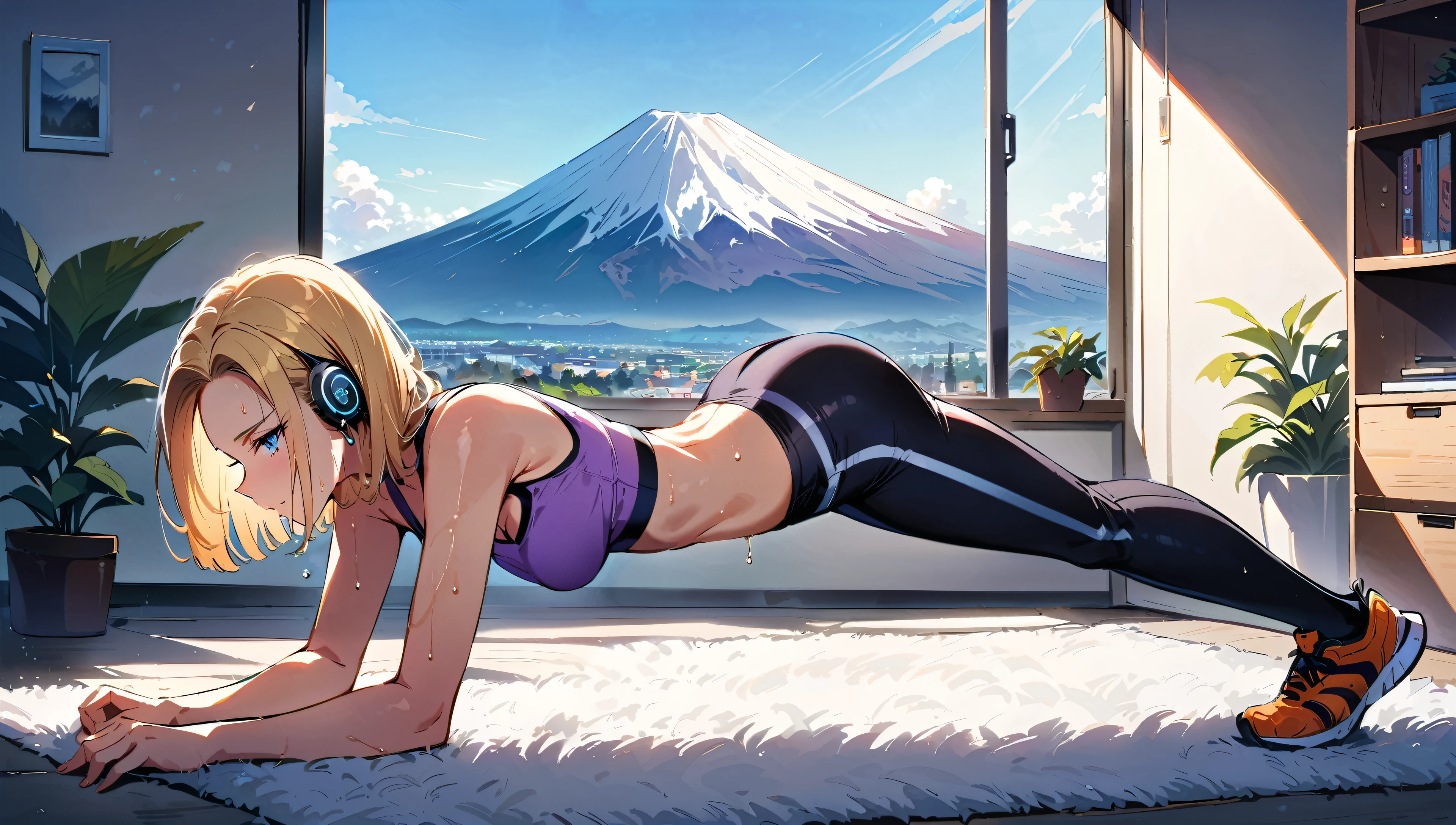 (masterpiece, best quality:1.2), frontal full body shot, Android 18 from Dragon Ball, (doing a plank), wearing (purple training wear, e.g. sports bra and leggings), purple training shoes, (white over-ear headphones), short blonde hair, her sweaty forehead, blue eyes, earrings on earlobes, sweating, slender feminine figure, legs fully extended, narrow waistline, modern feminine room with white decor, white plush rug, potted plants, daylight streaming in through large windows, Mount Fuji and sun in the distance, morning, 4K