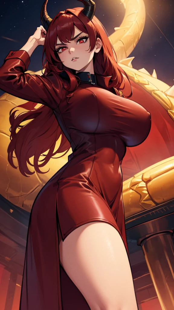 Masterpiece: 1.3, 1 girl ((25 years old, dressed in a tight military burgundy leather dress, with a mighty spear in her hand. huge breasts, long bright red hair, beautiful face, perfect model body, large dragon horns, bright red eyes: 1.4, cold-blooded and neutral face, looking at the girl:1.2, red lights in the background at night: 1.1, beautiful and energetic atmosphere:1.2))