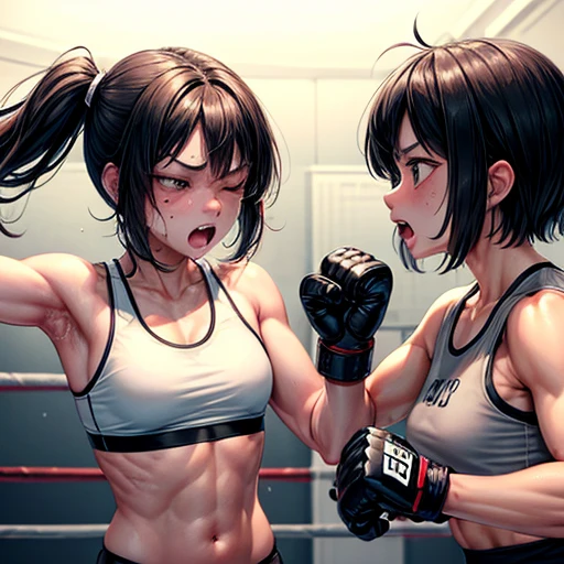 Drenched in sweat and covered in bruises, she is in a mixed martial arts ring against a female fighter. Her opponent woman punching her poor belly by a fist. One eye closed and mouth open, she is gasping for breath and drooling. She is a cute Japanese high school girl with short-cut black hair. She is wearing a sports bra, high-leg shorts, and open-finger gloves. Small breasts, poor belly, slender body, poor body.
