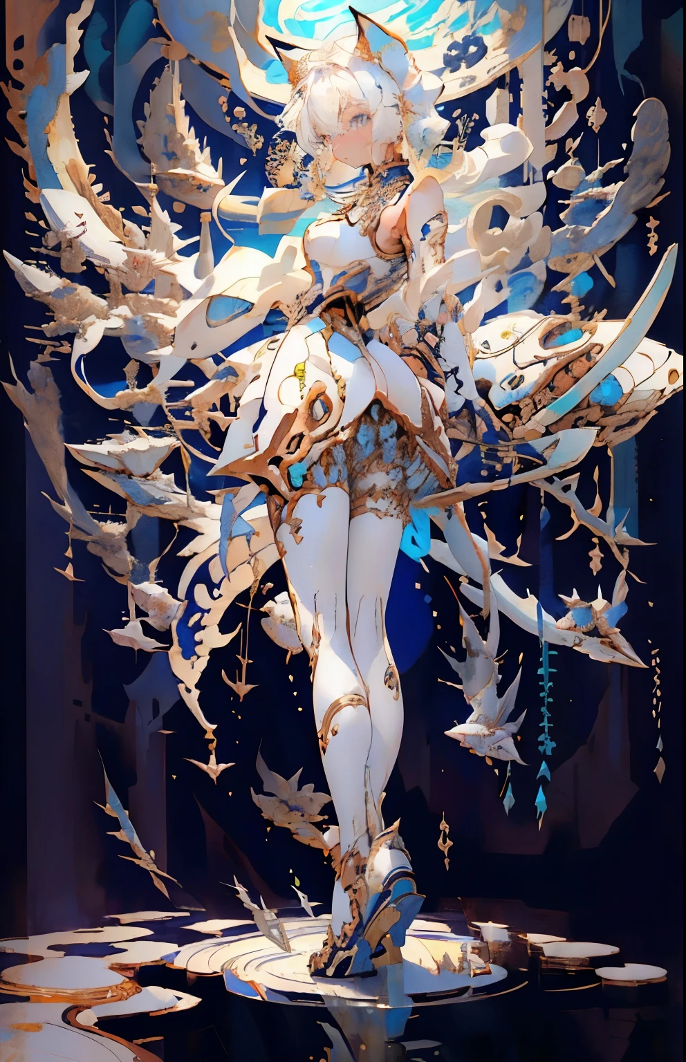 girl, fish, white hair, blue eyes, Mechanical fuselage, Humanity, , pipeline, Metal parts attached to the body, masterpiece, 8k Screenshots, Album,Art Books, arms, look back, Bend your knees, Raise your hand, Cat ear, wing, metal fish, pattern