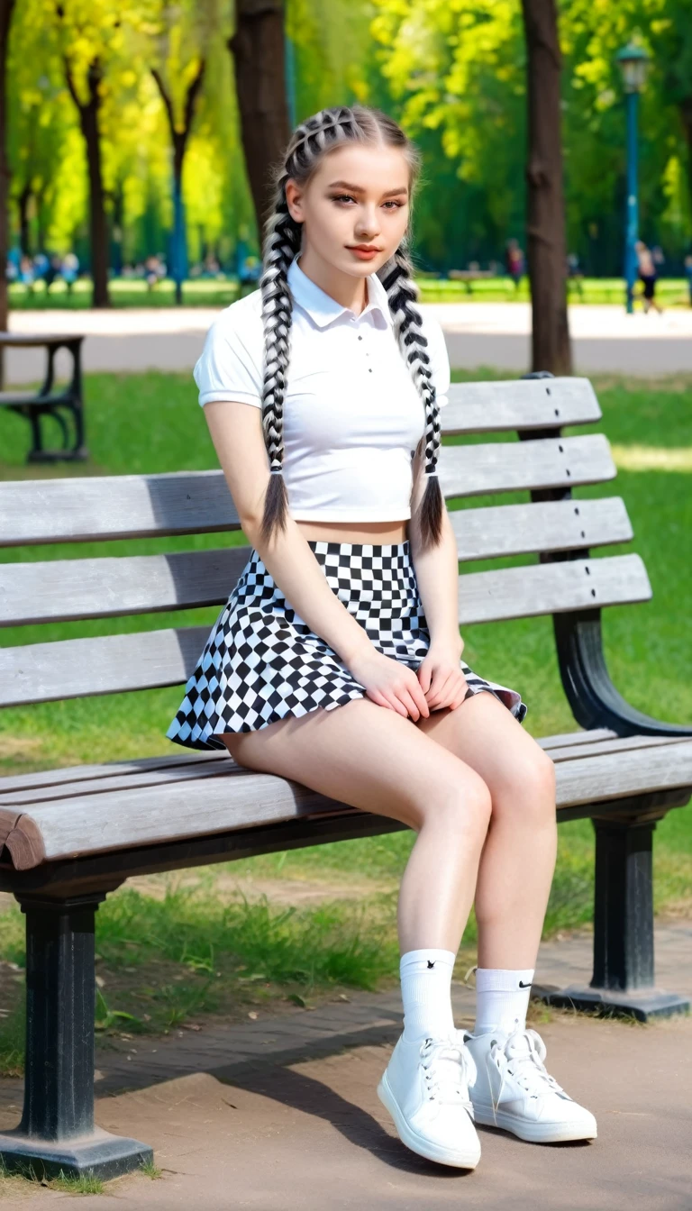 beautiful girl, 16 years, sports , in a white and black checkered miniskirt , braids , sitting on a bench in the park , sunny weather