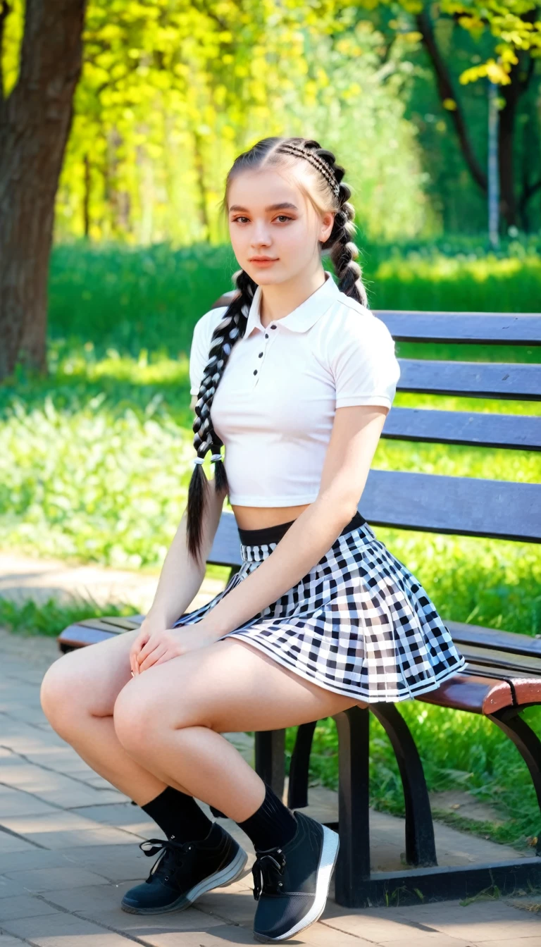beautiful girl, 16 years, sports , in a white and black checkered miniskirt , braids , sitting on a bench in the park , sunny weather