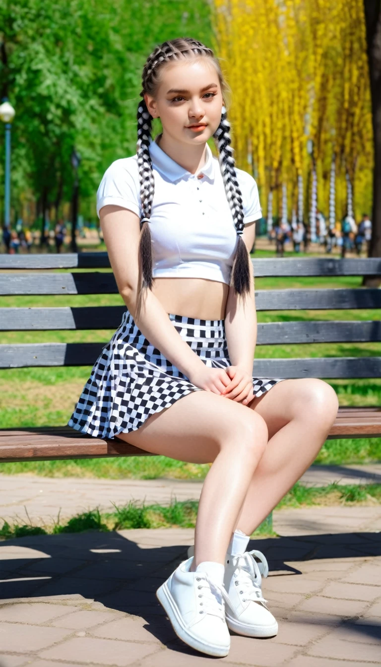 beautiful girl, 16 years, sports , in a white and black checkered miniskirt , braids , sitting on a bench in the park , sunny weather 