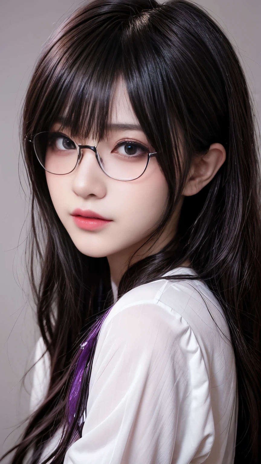 background(Black night sky,Big Moon),Close-up of a woman,Wearing a white shirt、((Black-rimmed glasses))、Purple Hair,Very long hair,very thick braids,Purple eyes,big , realistic girl rendering, 8k artistic german bokeh, Enchanting girl, Real Girl, Gurwitz, Gurwitz-style artwork, Girl Roleplay, Realistic 3D style, cgstation Popular Topics,, 8K Portrait Rendering,(truth,truth:1.4),巨big ,Sparkling eyes,Purple eyes、Captivating beauty、Attractive adult woman、Beautiful woman、Cool girl、evil female、Brainwashed、brainwashing、Fallen into evil、Grin、Evil expression、Evil smile、evil、Brown Hair、Wavy Hair、Swept-apart bangs、Heavy makeup、Heavy makeup、Sharp Eye、Hollow Eyes,Half-closed eyes、Hollow Eyes、Purple Eyeshadow、Black lipstick、Black lip gloss、Long black cheongsam、Wide sleeves、night、Spooky Fortressscape Brush、Compensate、Are standing、